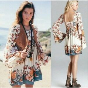 NWT Free People Chinoiserie Babydoll Flare Sleeve Boho Floral Mini Dress Sz S